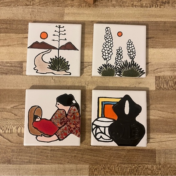 Hand Painted Art Tile Coasters Glazed Trivet With Wood Holder - Picture 2 of 8